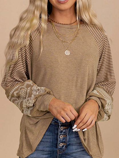 Boho Retro Dolman 60's Color Block Lace Color Block Lantern Sleeve Style Viscose Mixed Long Sleeve Shirt Top Small To 2XL Plus
