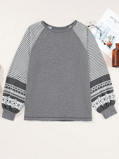 Boho Retro Dolman 60's Color Block Lace Color Block Lantern Sleeve Style Viscose Mixed Long Sleeve Shirt Top Small To 2XL Plus