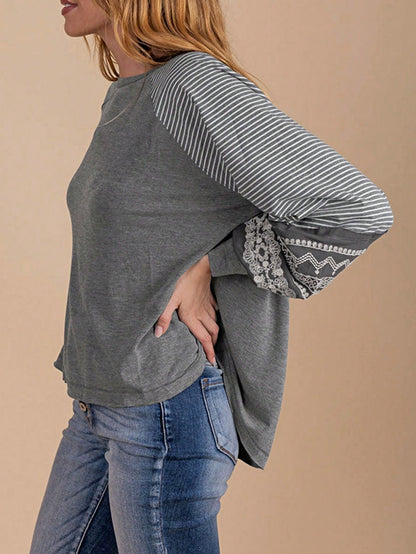 Boho Retro Dolman 60's Color Block Lace Color Block Lantern Sleeve Style Viscose Mixed Long Sleeve Shirt Top Small To 2XL Plus