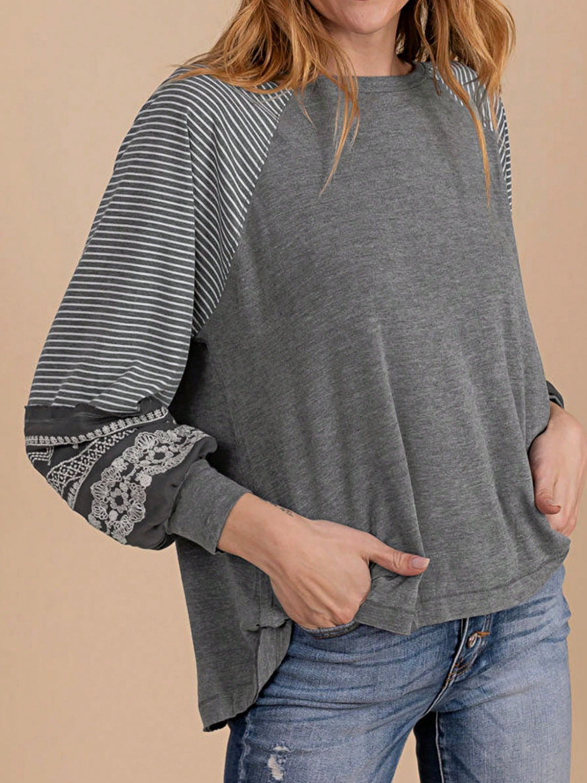 Boho Retro Dolman 60's Color Block Lace Color Block Lantern Sleeve Style Viscose Mixed Long Sleeve Shirt Top Small To 2XL Plus