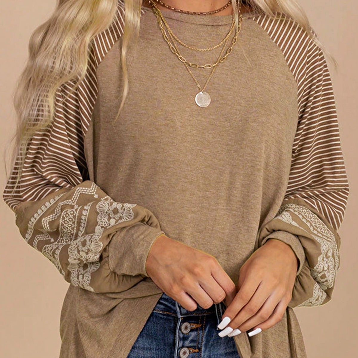 Boho Retro Dolman 60's Color Block Lace Color Block Lantern Sleeve Style Viscose Mixed Long Sleeve Shirt Top Small To 2XL Plus