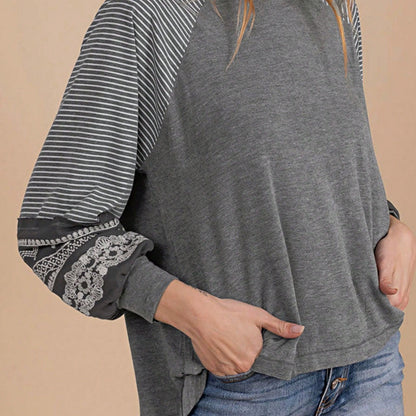 Boho Retro Dolman 60's Color Block Lace Color Block Lantern Sleeve Style Viscose Mixed Long Sleeve Shirt Top Small To 2XL Plus