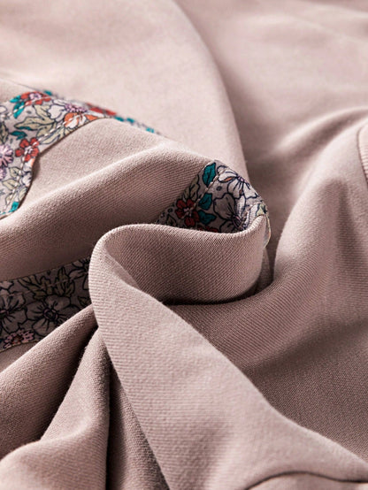 Boho Retro Vintage 60's Vibe Cream Cotton Raglan Lantern Bubble Puff  Sleeve  Floral Rib Patchwork Top Sweat Shirt Blouse