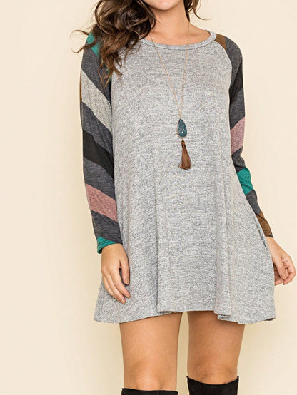 Boho Retro Classic Cap Sleeve Raglan Contrast  Stripe Green Red Navy Pink Grey Tunic Dress