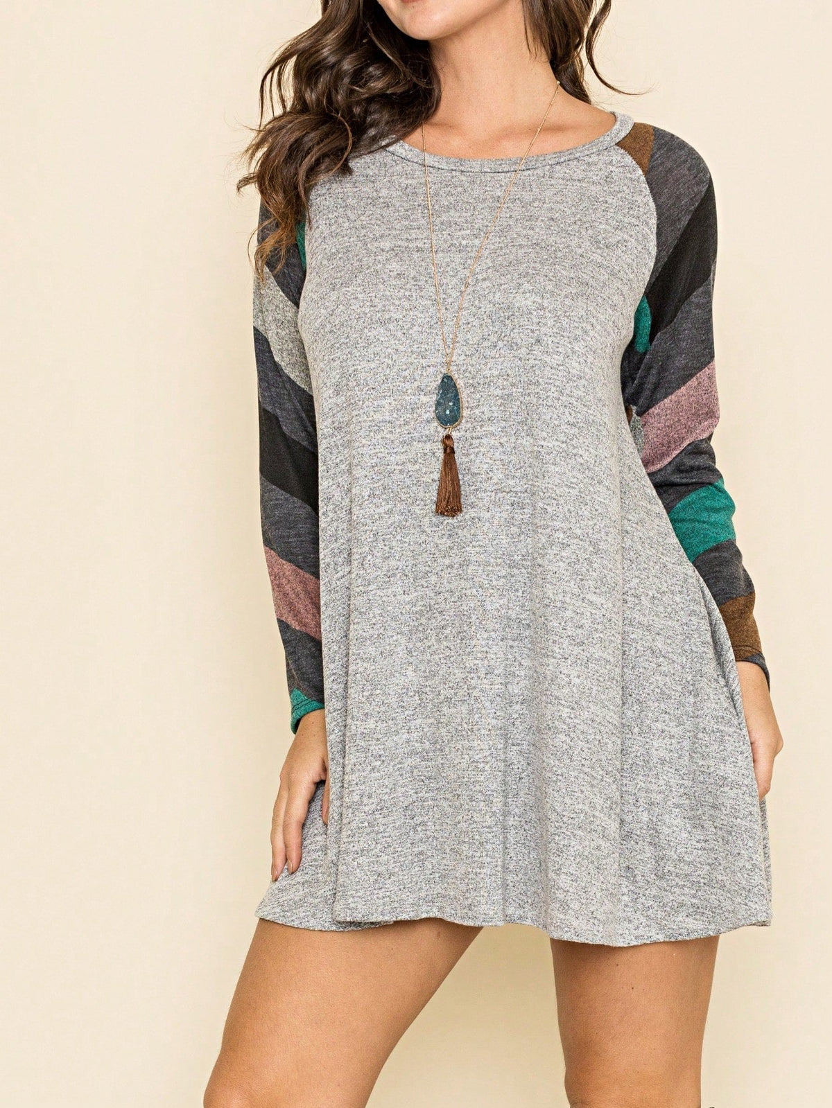 Boho Retro Classic Cap Sleeve Raglan Contrast  Stripe Green Red Navy Pink Grey Tunic Dress