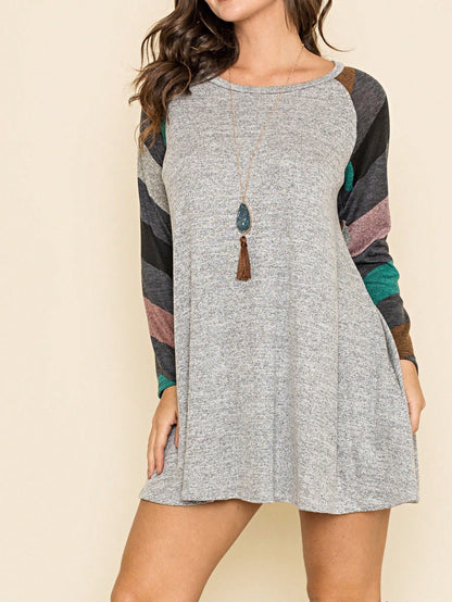 Boho Retro Classic Cap Sleeve Raglan Contrast  Stripe Green Red Navy Pink Grey Tunic Dress