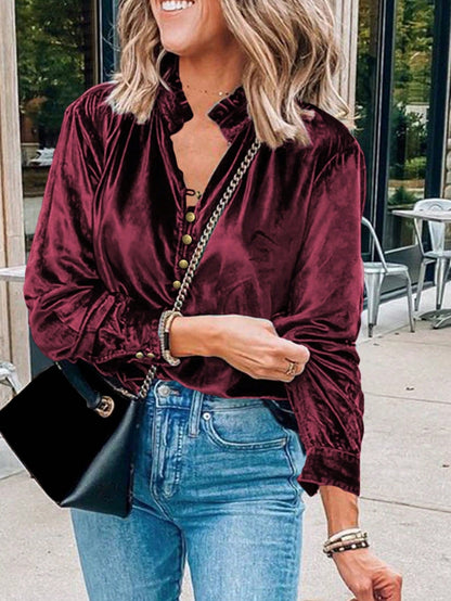 Boho Retro Vintage 60's Velvet Velour Red Grey Charcoal Drop Sleeve Balloon Puff Loose Party Shirt Blouse