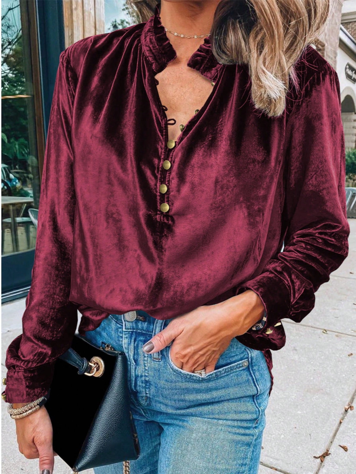 Boho Retro Vintage 60's Velvet Velour Red Grey Charcoal Drop Sleeve Balloon Puff Loose Party Shirt Blouse