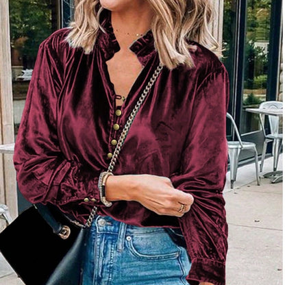 Boho Retro Vintage 60's Velvet Velour Red Grey Charcoal Drop Sleeve Balloon Puff Loose Party Shirt Blouse