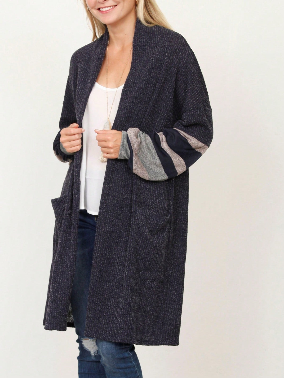 Boho Vintage Stripe Grey Violet Light Weight Three Quarter Sleeve  Knit Slouch Kimono Cardigan