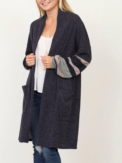 Boho Vintage Stripe Grey Violet Light Weight Three Quarter Sleeve  Knit Slouch Kimono Cardigan
