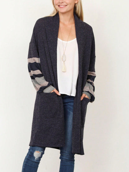 Boho Vintage Stripe Grey Violet Light Weight Three Quarter Sleeve  Knit Slouch Kimono Cardigan