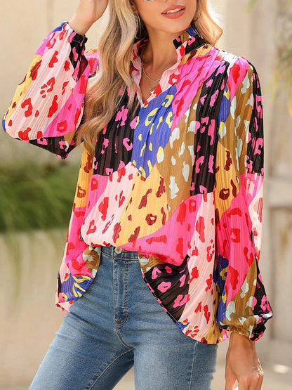 Boho Retro Vintage 60's Vibe Rose Green Cotton  V Notch Neck Lantern Bubble Sleeve Top Shirt Blouse