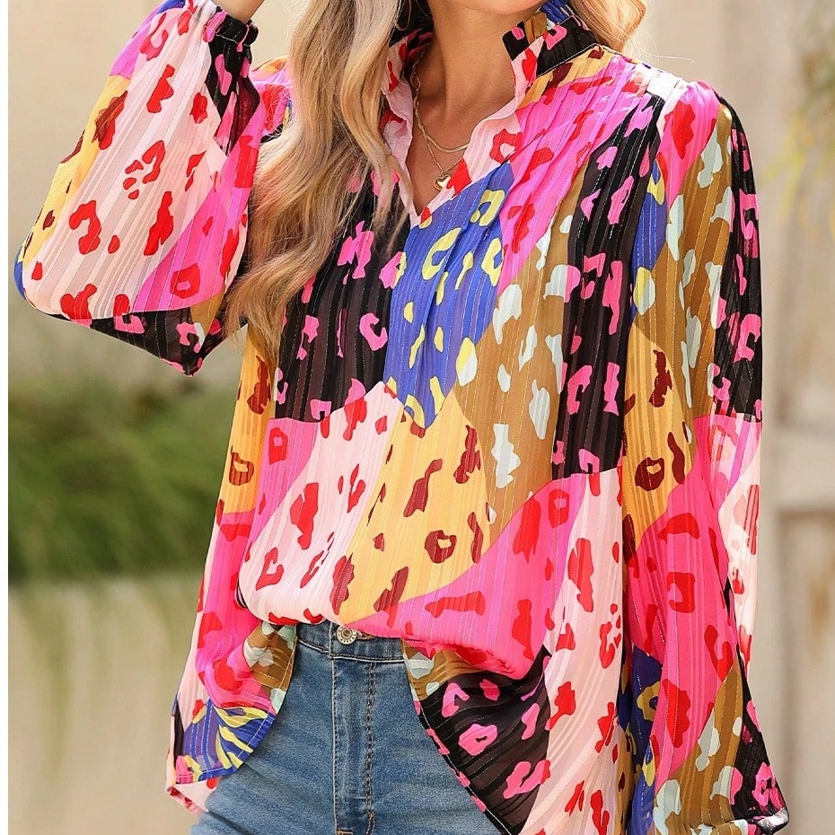 Boho Retro Vintage 60's Vibe Rose Green Cotton  V Notch Neck Lantern Bubble Sleeve Top Shirt Blouse