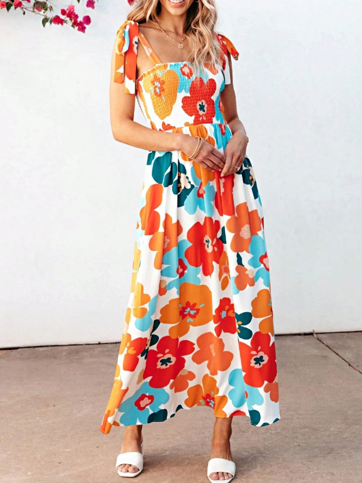 Boho Vacation Geo Smocked Black Pink Wavy Trimmed Tiered Maxi Long Dress V Neck Versatile Summer Dress For Women
