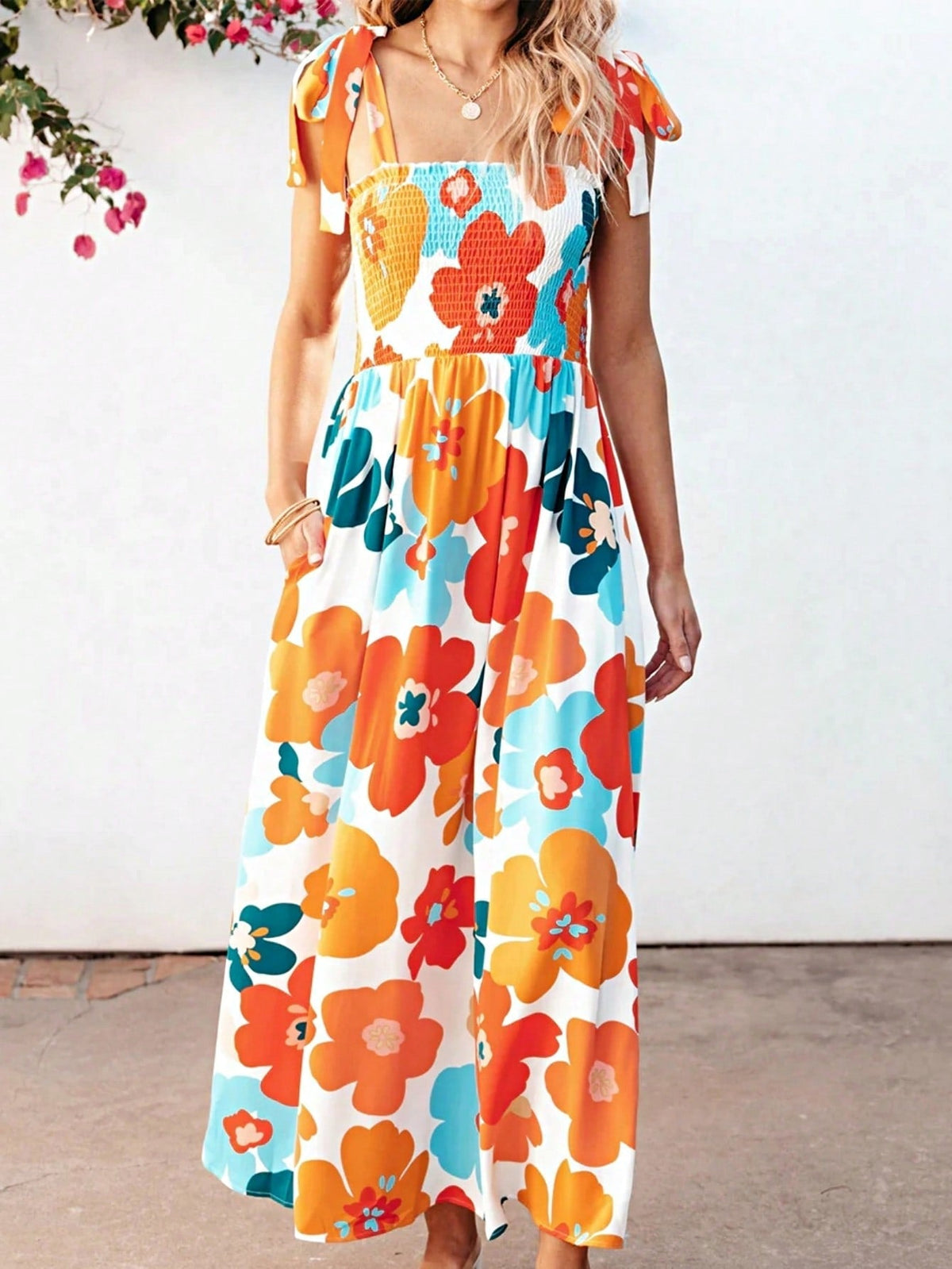 Boho Vacation Geo Smocked Black Pink Wavy Trimmed Tiered Maxi Long Dress V Neck Versatile Summer Dress For Women