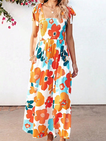 Boho Vacation Geo Smocked Black Pink Wavy Trimmed Tiered Maxi Long Dress V Neck Versatile Summer Dress For Women