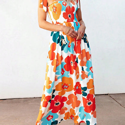 Boho Vacation Geo Smocked Black Pink Wavy Trimmed Tiered Maxi Long Dress V Neck Versatile Summer Dress For Women