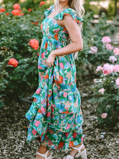 Boho Vacation Geo Smocked Black Pink Wavy Trimmed Tiered Maxi Long Dress V Neck Versatile Summer Dress For Women