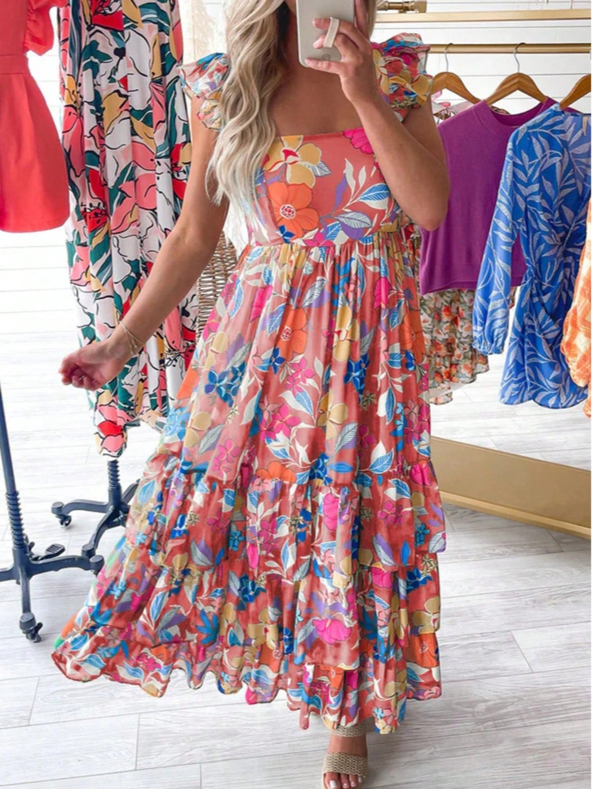 Boho Vacation Geo Smocked Black Pink Wavy Trimmed Tiered Maxi Long Dress V Neck Versatile Summer Dress For Women