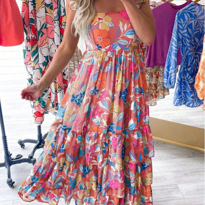 Boho Vacation Geo Smocked Black Pink Wavy Trimmed Tiered Maxi Long Dress V Neck Versatile Summer Dress For Women