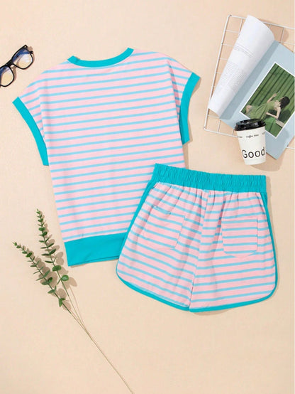 Boho Retro 90's Cotton Stripe Button Drop Shoulder Dolman Henley Top & Pants Shorts Set