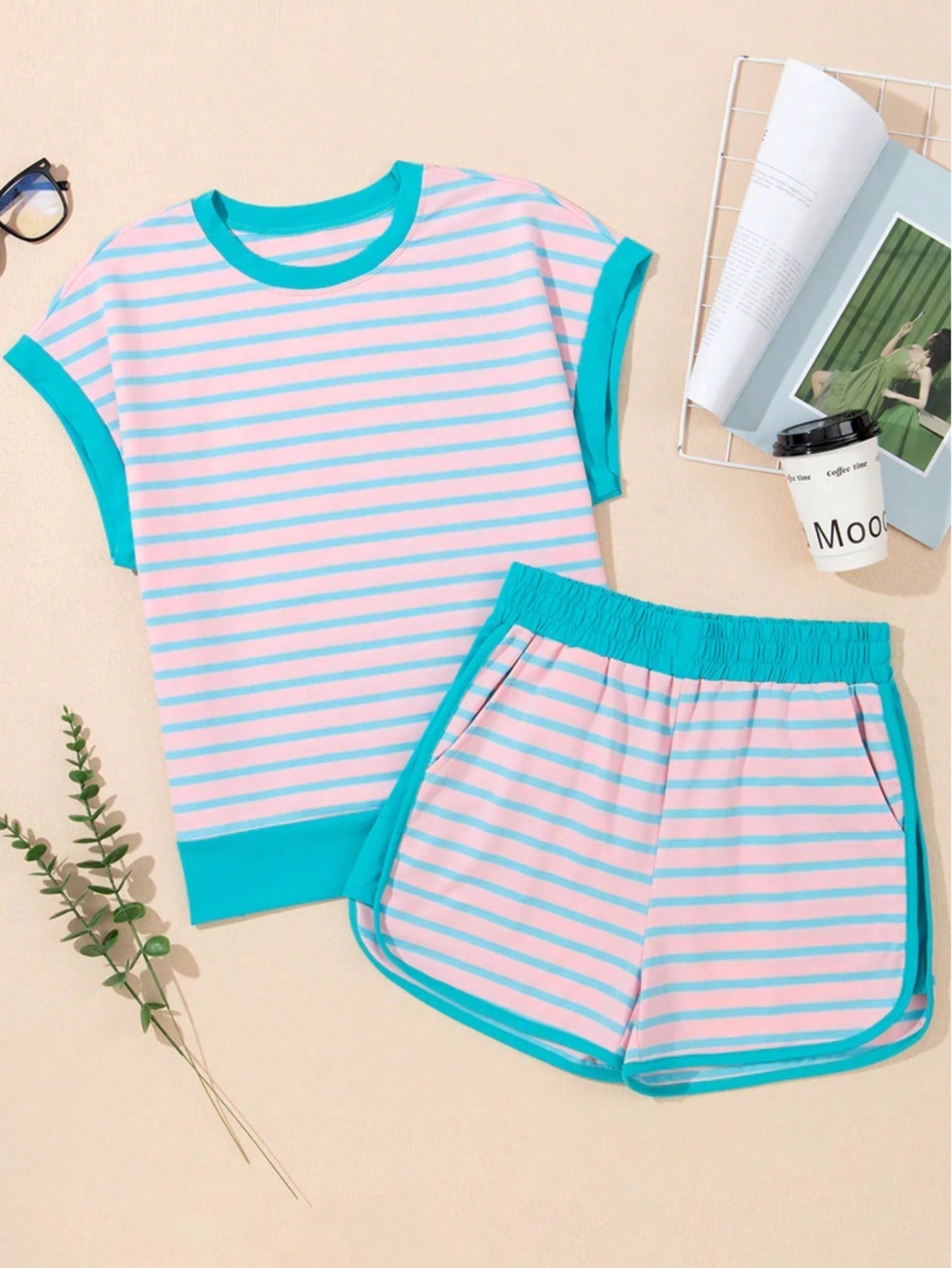 Boho Retro 90's Cotton Stripe Button Drop Shoulder Dolman Henley Top & Pants Shorts Set