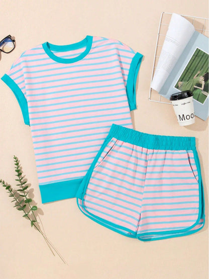 Boho Retro 90's Cotton Stripe Button Drop Shoulder Dolman Henley Top & Pants Shorts Set