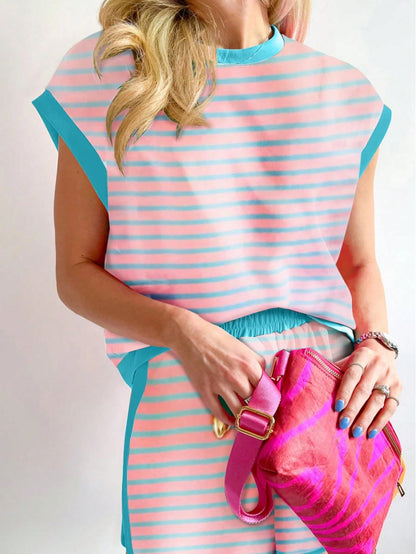 Boho Retro 90's Cotton Stripe Button Drop Shoulder Dolman Henley Top & Pants Shorts Set