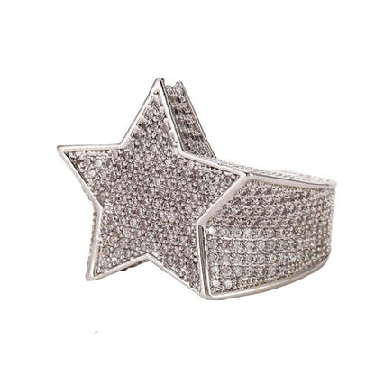 Men’s Hip-Hop Iced-Out Five-Pointed Star Ring | Full Diamond Simulant Star Statement Ring | Bold Streetwear Jewelry for Men | Luxurious Rockstar Star Band Ring