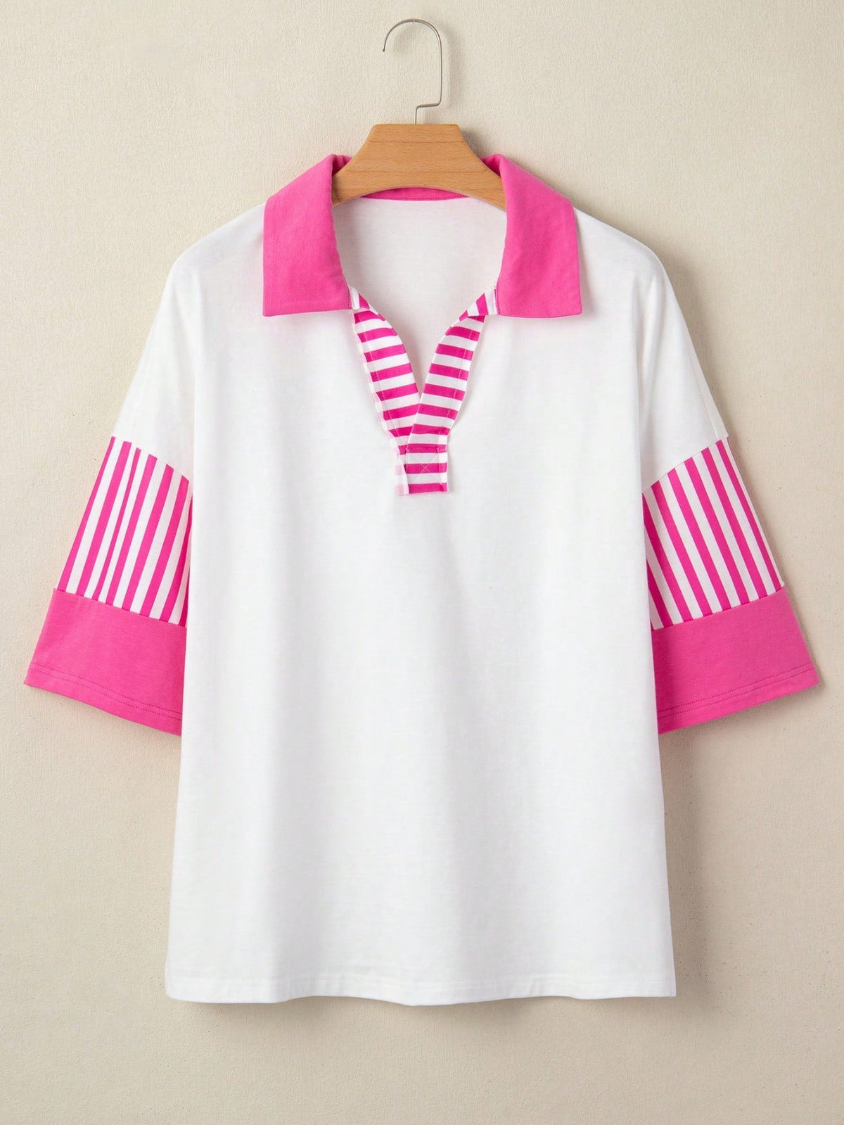 Boho Retro Vintage 90's Stripe Cotton Drop Shoulder Over Size V Neck Rugby  Preppy Shirt  Top Pullover Sweater