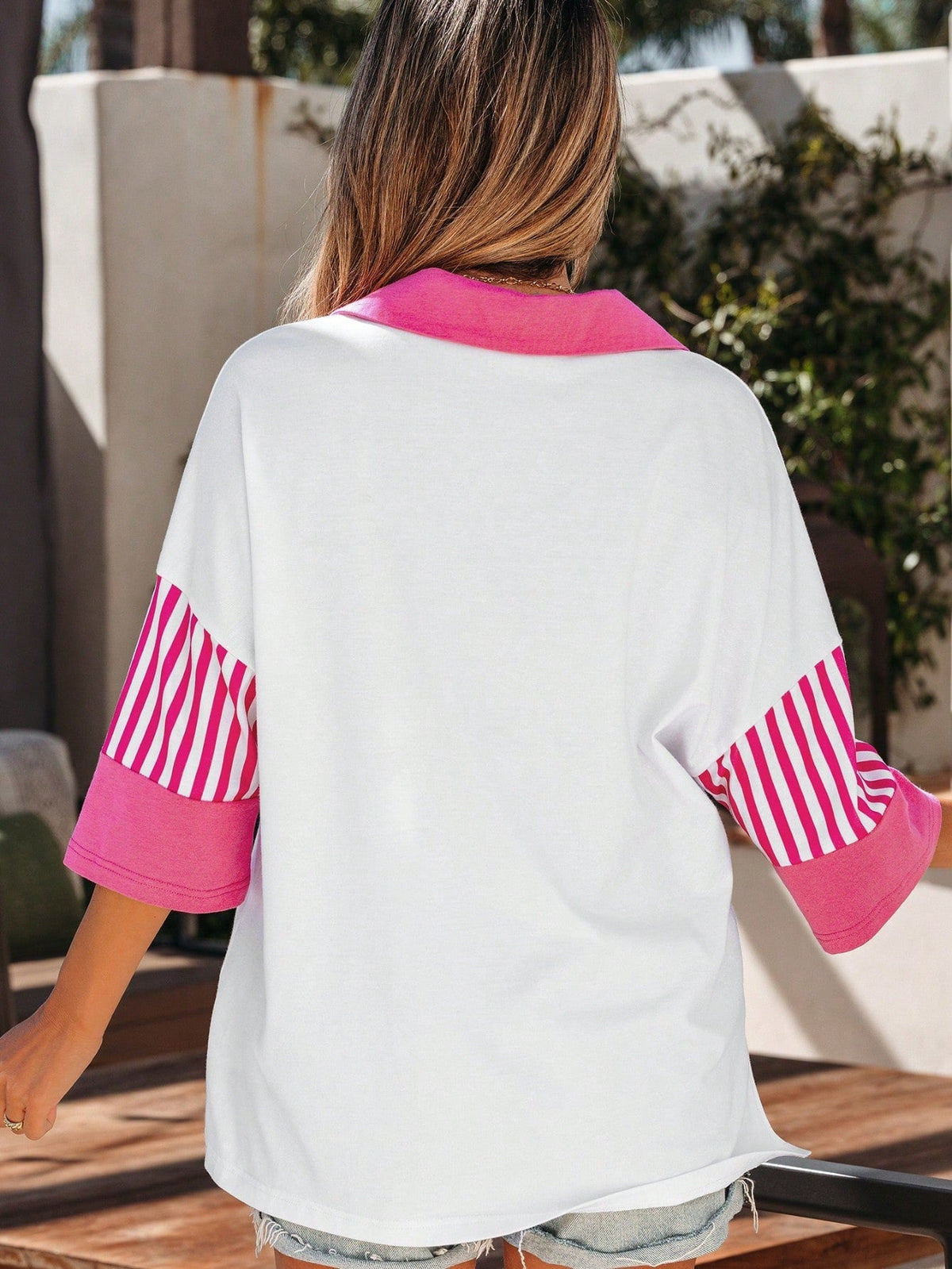 Boho Retro Vintage 90's Stripe Cotton Drop Shoulder Over Size V Neck Rugby  Preppy Shirt  Top Pullover Sweater