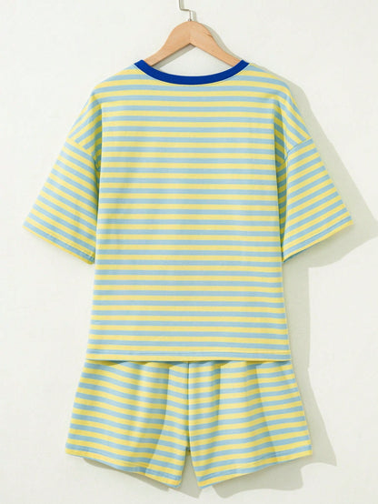 Boho Retro 90's Cotton Stripe Button Drop Shoulder Dolman Henley Top & Pants Shorts Set