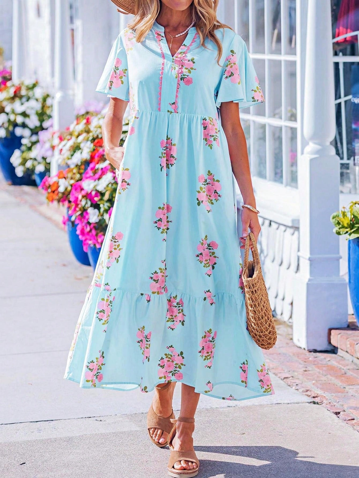 Boho Vacation Geo Smocked Black Pink Wavy Trimmed Tiered Maxi Long Dress V Neck Versatile Summer Dress For Women