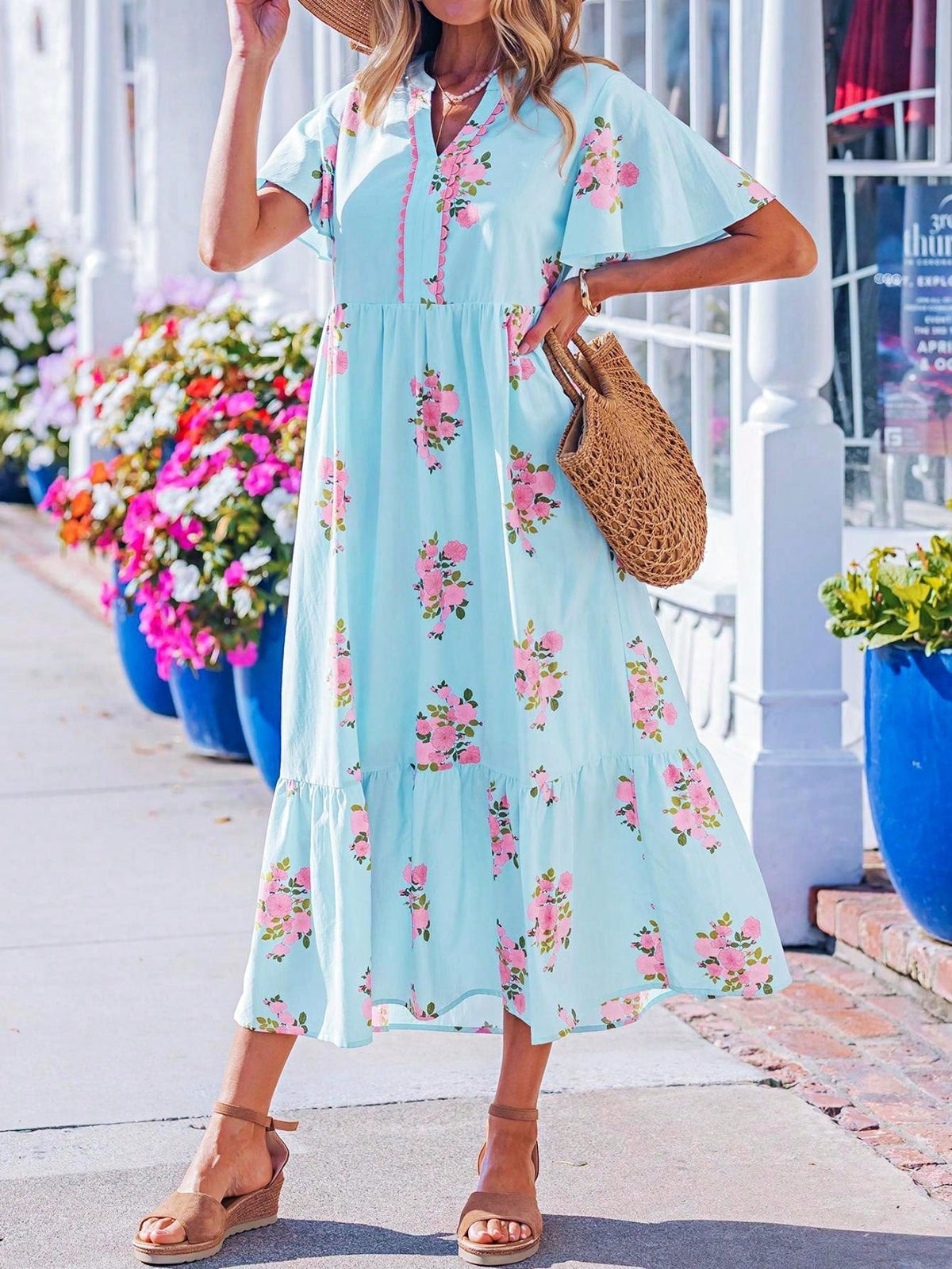 Boho Vacation Geo Smocked Black Pink Wavy Trimmed Tiered Maxi Long Dress V Neck Versatile Summer Dress For Women