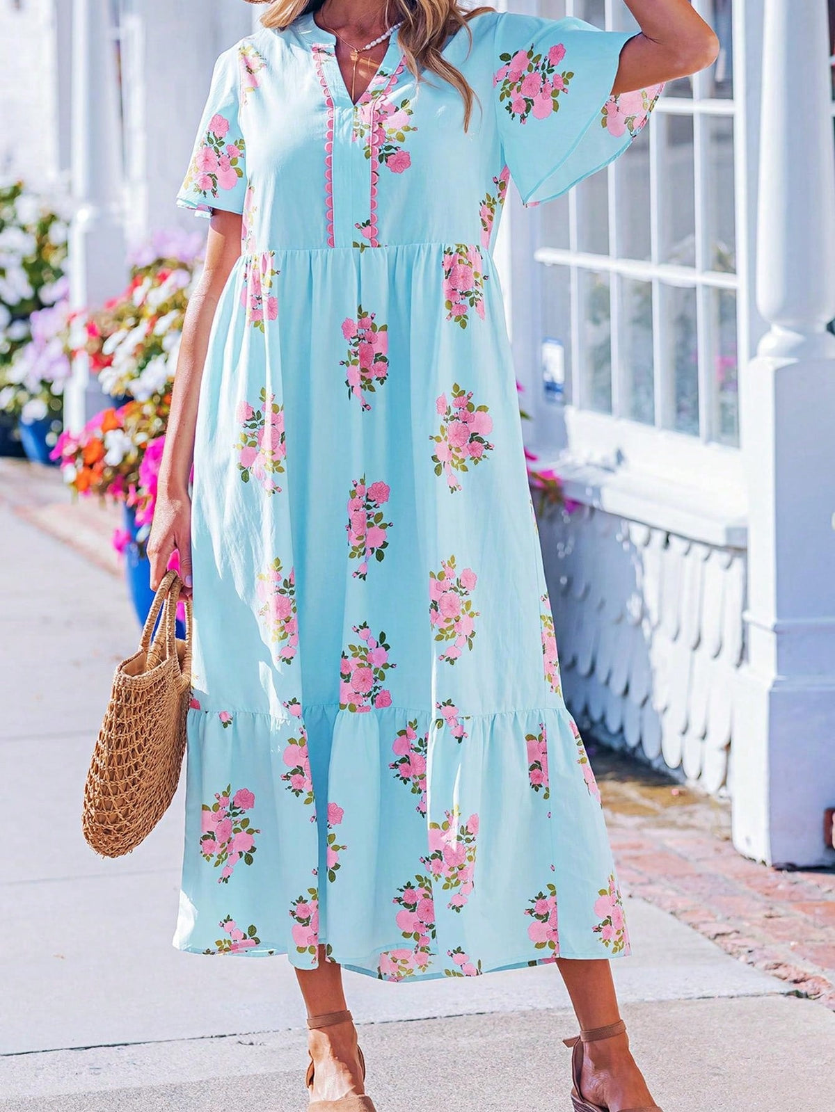 Boho Vacation Geo Smocked Black Pink Wavy Trimmed Tiered Maxi Long Dress V Neck Versatile Summer Dress For Women