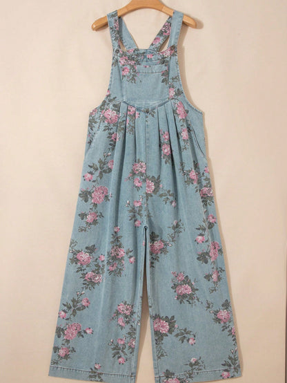 Boho  Button Floral Jean Cotton Denim Overall Romper Jumpsuit