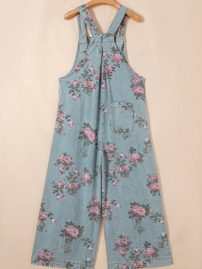 Boho  Button Floral Jean Cotton Denim Overall Romper Jumpsuit