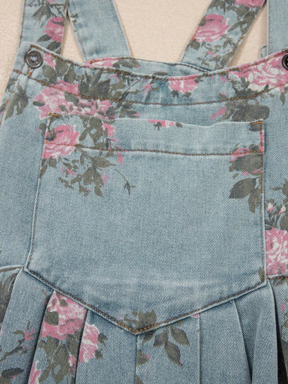 Boho  Button Floral Jean Cotton Denim Overall Romper Jumpsuit