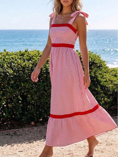 Boho Vacation Cotton Wavy White Elegant Tiered Maxi Long Shirt  Dress With Drawstring  Versatile Summer Dress For Women