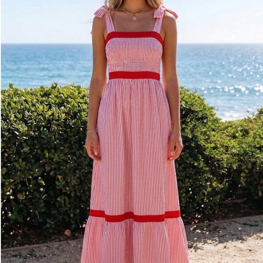 Boho Vacation Cotton Wavy White Elegant Tiered Maxi Long Shirt  Dress With Drawstring  Versatile Summer Dress For Women