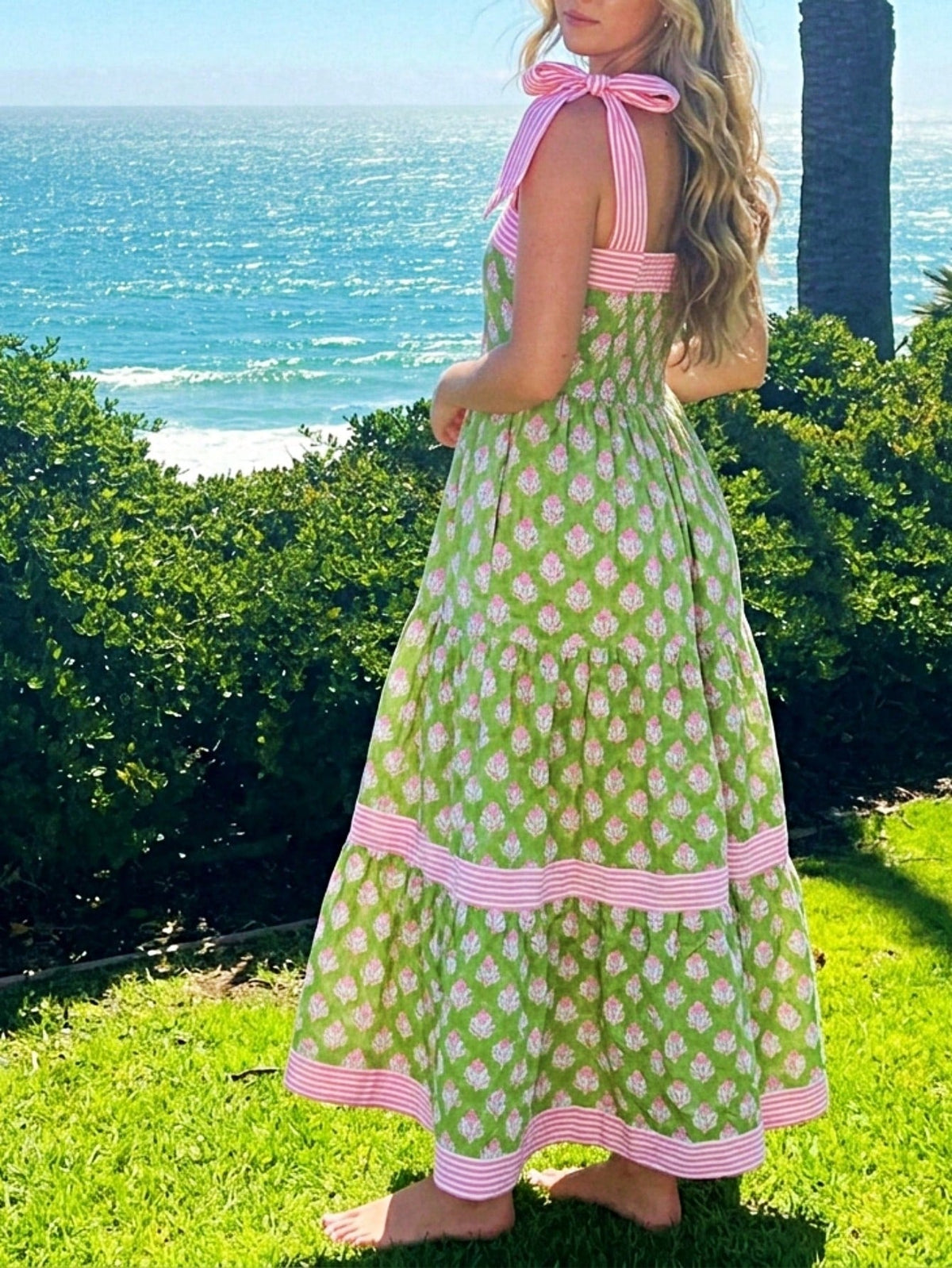 Boho Vacation Geo Smocked Black Pink Wavy Trimmed Tiered Maxi Long Dress V Neck Versatile Summer Dress For Women