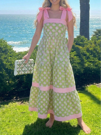 Boho Vacation Geo Smocked Black Pink Wavy Trimmed Tiered Maxi Long Dress V Neck Versatile Summer Dress For Women