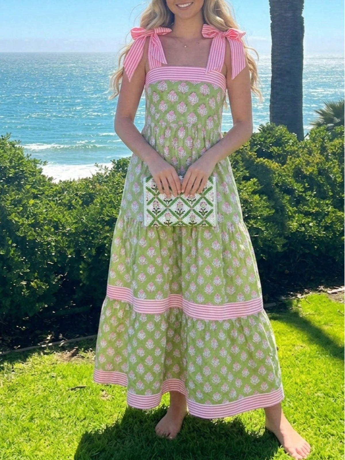 Boho Vacation Geo Smocked Black Pink Wavy Trimmed Tiered Maxi Long Dress V Neck Versatile Summer Dress For Women