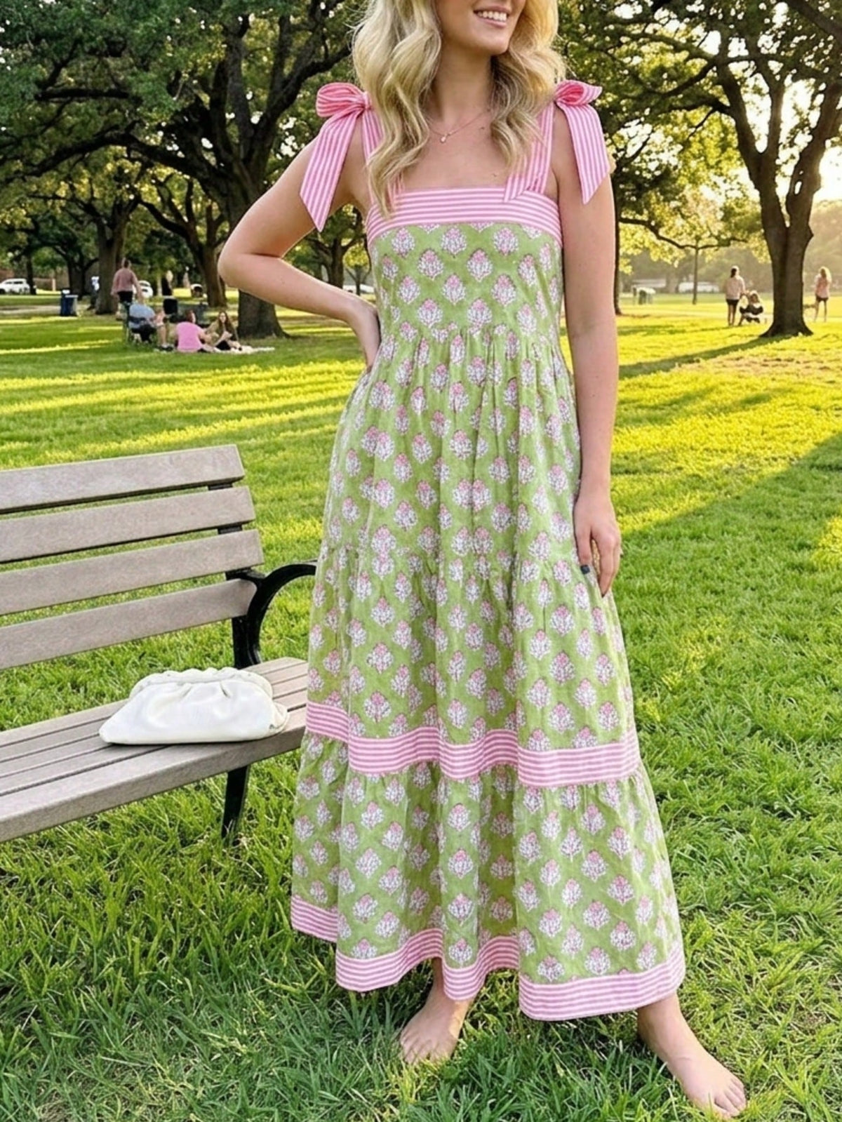Boho Vacation Geo Smocked Black Pink Wavy Trimmed Tiered Maxi Long Dress V Neck Versatile Summer Dress For Women