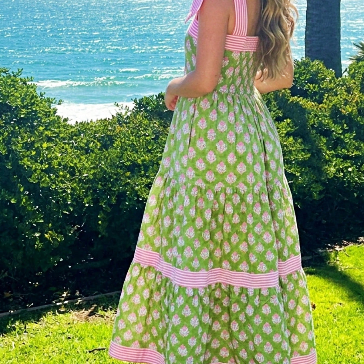 Boho Vacation Geo Smocked Black Pink Wavy Trimmed Tiered Maxi Long Dress V Neck Versatile Summer Dress For Women