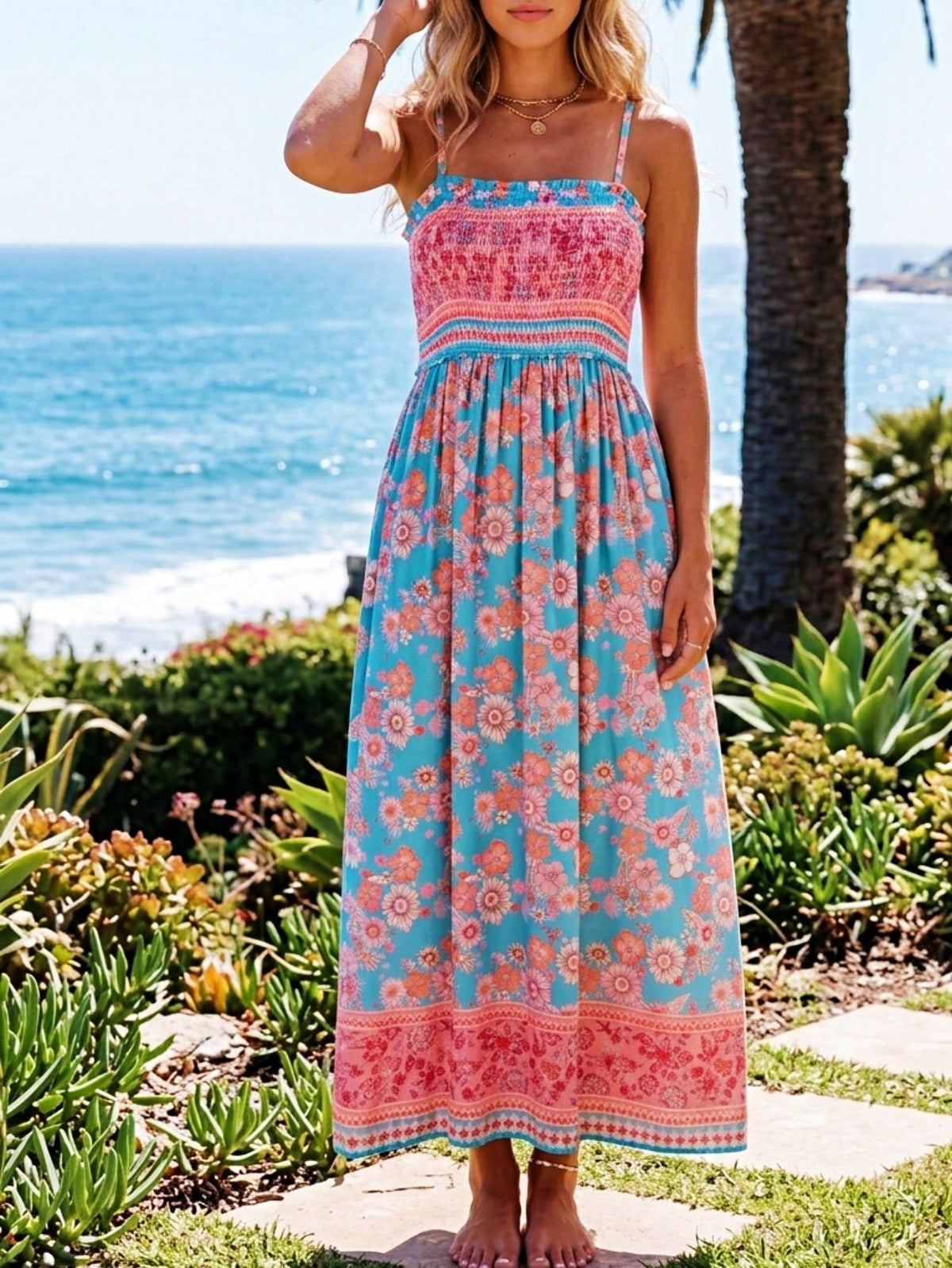Boho Vacation Geo Smocked Black Pink Wavy Trimmed Tiered Maxi Long Dress V Neck Versatile Summer Dress For Women