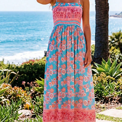 Boho Vacation Geo Smocked Black Pink Wavy Trimmed Tiered Maxi Long Dress V Neck Versatile Summer Dress For Women