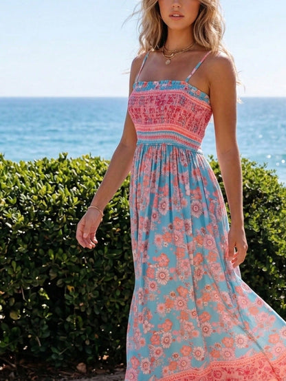Boho Vacation Geo Smocked Black Pink Wavy Trimmed Tiered Maxi Long Dress V Neck Versatile Summer Dress For Women