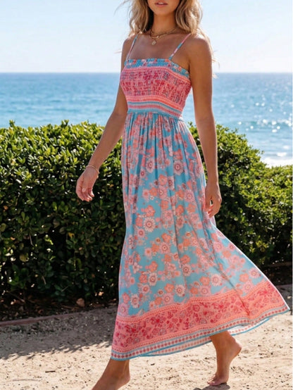 Boho Vacation Geo Smocked Black Pink Wavy Trimmed Tiered Maxi Long Dress V Neck Versatile Summer Dress For Women